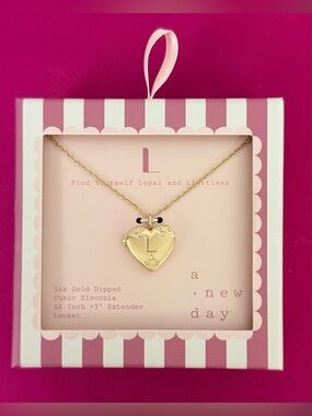 14K Gold Dipped Gold Heart Locket 16” w/3” Extender Necklace with Initial L NWT